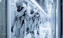 some people in futuristic looking clothes are walking