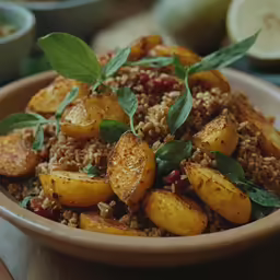 there is a bowl of brown rice with vegetables
