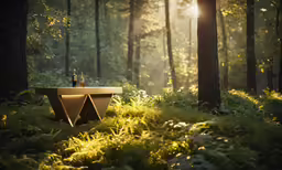 an empty table is in the middle of the woods