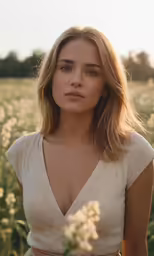 a beautiful blonde with a smile sitting in a field