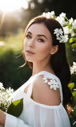 a woman with a floral in her hair
