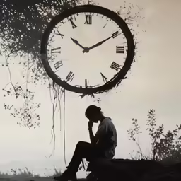 a person sitting on top of a rock next to a clock