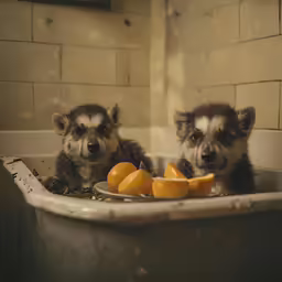 two raccoons in a bath tub with their mouths open and some oranges in front of them