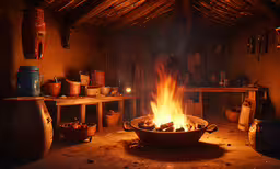 an oven with a fire inside on top of the table,a bowl with some fire in it sitting on a table