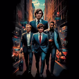 men in suits and ties are walking down a street