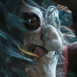 a lady with big lashes biting into some food