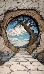 a stone walkway leads to a circular opening into a desert