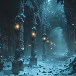 a dark and snowy scene with some lights