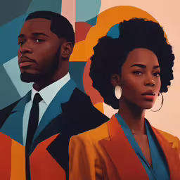 a picture of a man and a woman in front of a large portrait,two people dressed in black and orange clothing