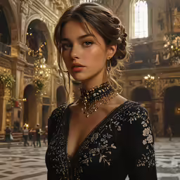 there is a woman standing in an ornate building
