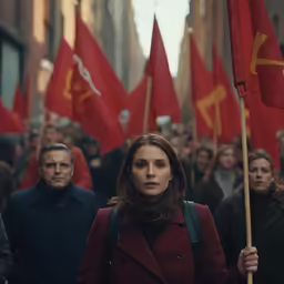 many people are marching down the street holding red flags