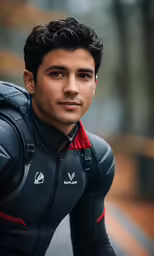 a man posing for the camera in a black and red suit