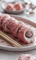 some sushi roll on a white plate with chopsticks