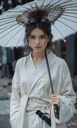 a woman in white gown and holding an umbrella