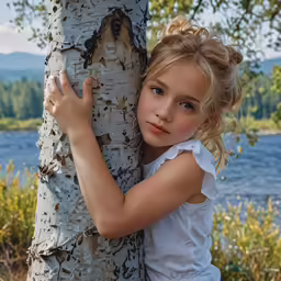 a little girl is hugging a tree in the forest