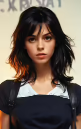 a model poses in front of a background backdrop with a short black wig