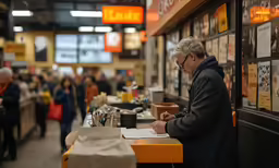 a man sitting at a table looking over paperwork in a shop