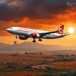 an airplane is flying in the sky over a valley,an airplane with landing gear extended in the air