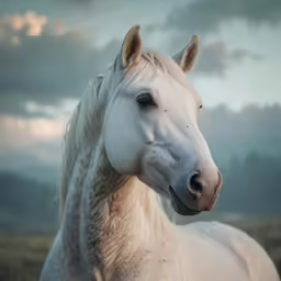 the face and body of an adult white horse