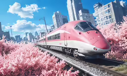 a train going through the city in front of pink trees