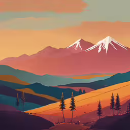 a painting of mountains with snow on them,colorful mountain landscape in the evening, with trees on either side
