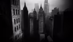 black and white photograph of city buildings taken from a high viewpoint