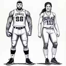the two athletes on the same team are in their uniforms,drawing of two wrestlers drawn by one point,a drawing of two professional baseball players, one holding the bat,drawing of two basketball players and their uniform,a drawing shows two football players in different uniforms
