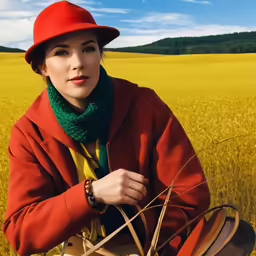 the woman has a hat on while standing in a field