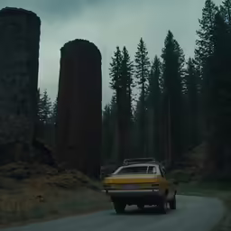 an old yellow car driving in the woods
