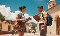 a man and woman looking at papers while standing outside