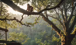 a person sitting on a tree branch looking over the forest