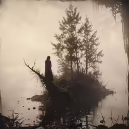 the girl is standing on the stump beside the lake