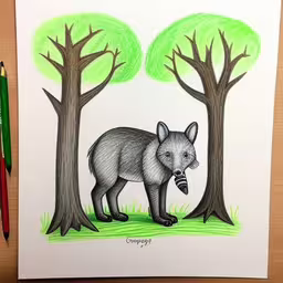 a drawing of a bear standing near the tree with a bee on its stomach