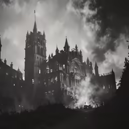 a gothic castle on a dark day with fog in the air