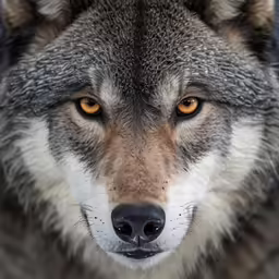 a wolf with orange eyes looking at the camera