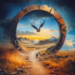a large round window on a dirt road with birds flying around