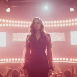 a woman in a red dress is walking on a runway