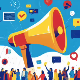 people are surrounded by a big yellow bullhorn