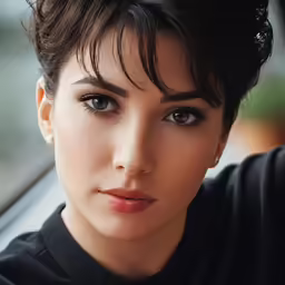 a woman looking into the distance with her hair back