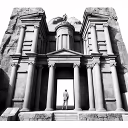 black and white photo of a man in front of a building
