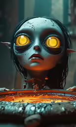 a weird looking face with yellow eyes next to an orange light