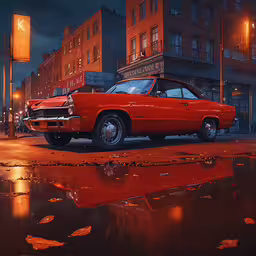 red classic car on a street corner in a city,a red car parked on the street in front of tall buildings