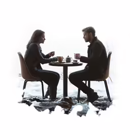 two people sitting down at a table in the snow
