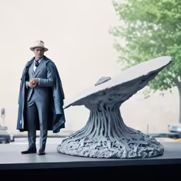 the statue shows an old man in a suit, hat and trench coat