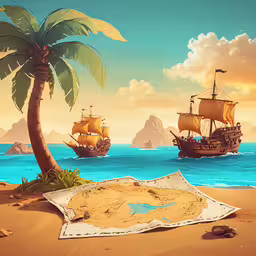 three ships in the ocean and some trees,an image of a pirate ship floating near an island