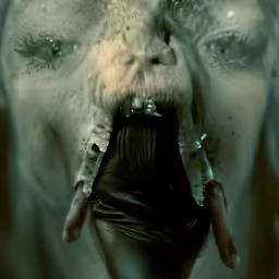 the face and torso of an animal that appears to be creature, with a woman sticking her tongue out