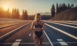 a young woman jogging down the road towards the sunset