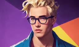 the character character has blond hair and blue glasses,a blonde man with glasses and an interesting shirt