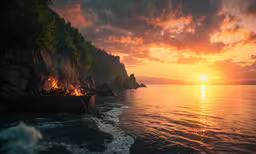 the sun is setting at the water