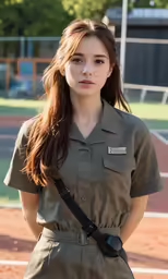 a woman wearing a brown shirt and black belt